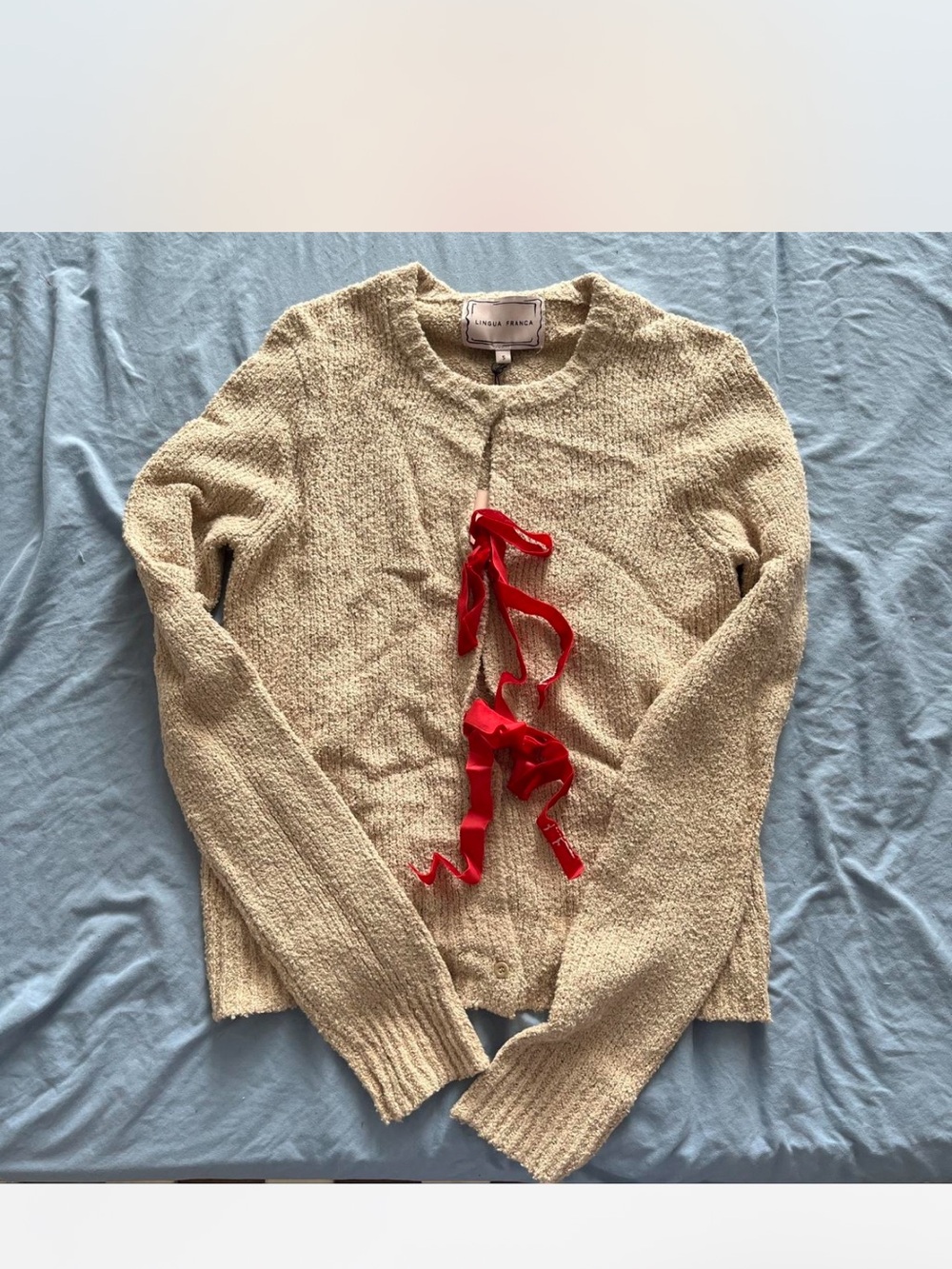 Lingua Franca Classic Cream Textured Women's Sweater with Red Ribbon Detail
